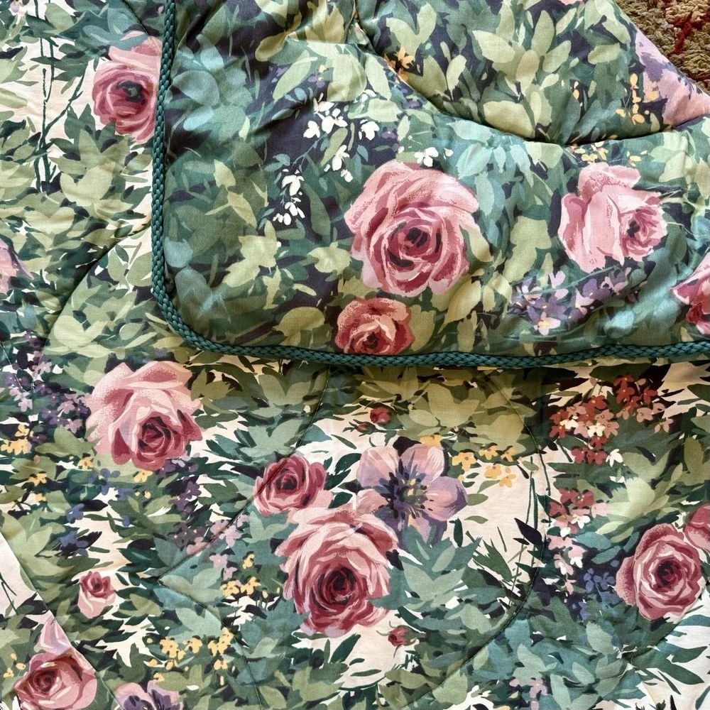 3pc VTG Country Floral Full Comforter Valance Curtains Green Pink Rose Roses USA